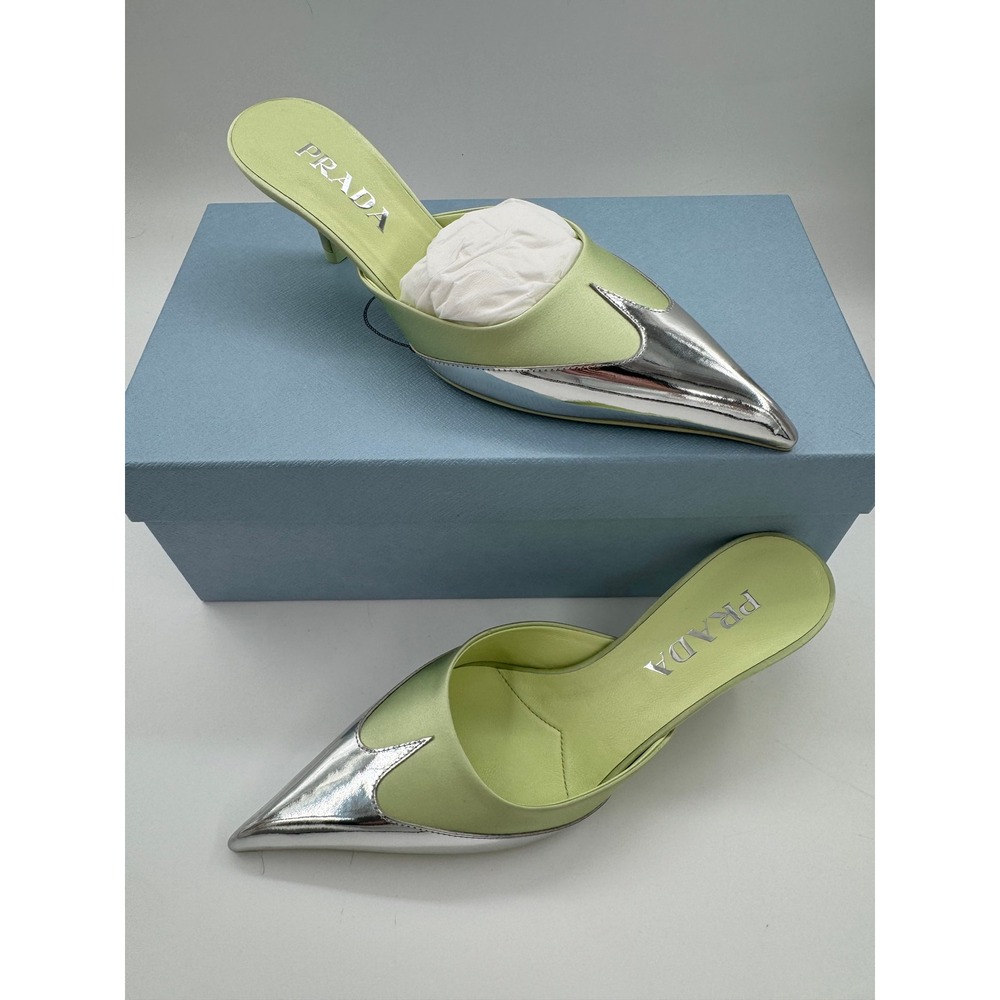 Prada Satin Pointed Mules Rugiada‎ Green Silver Metallic Kitten Heel EU 35 US 5